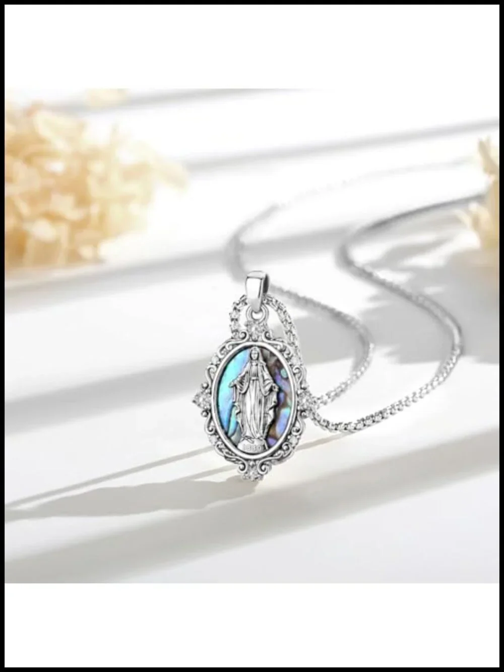 Silver Plated Copper Virgin Mary Pendant Necklace with Abalone Shell CZ